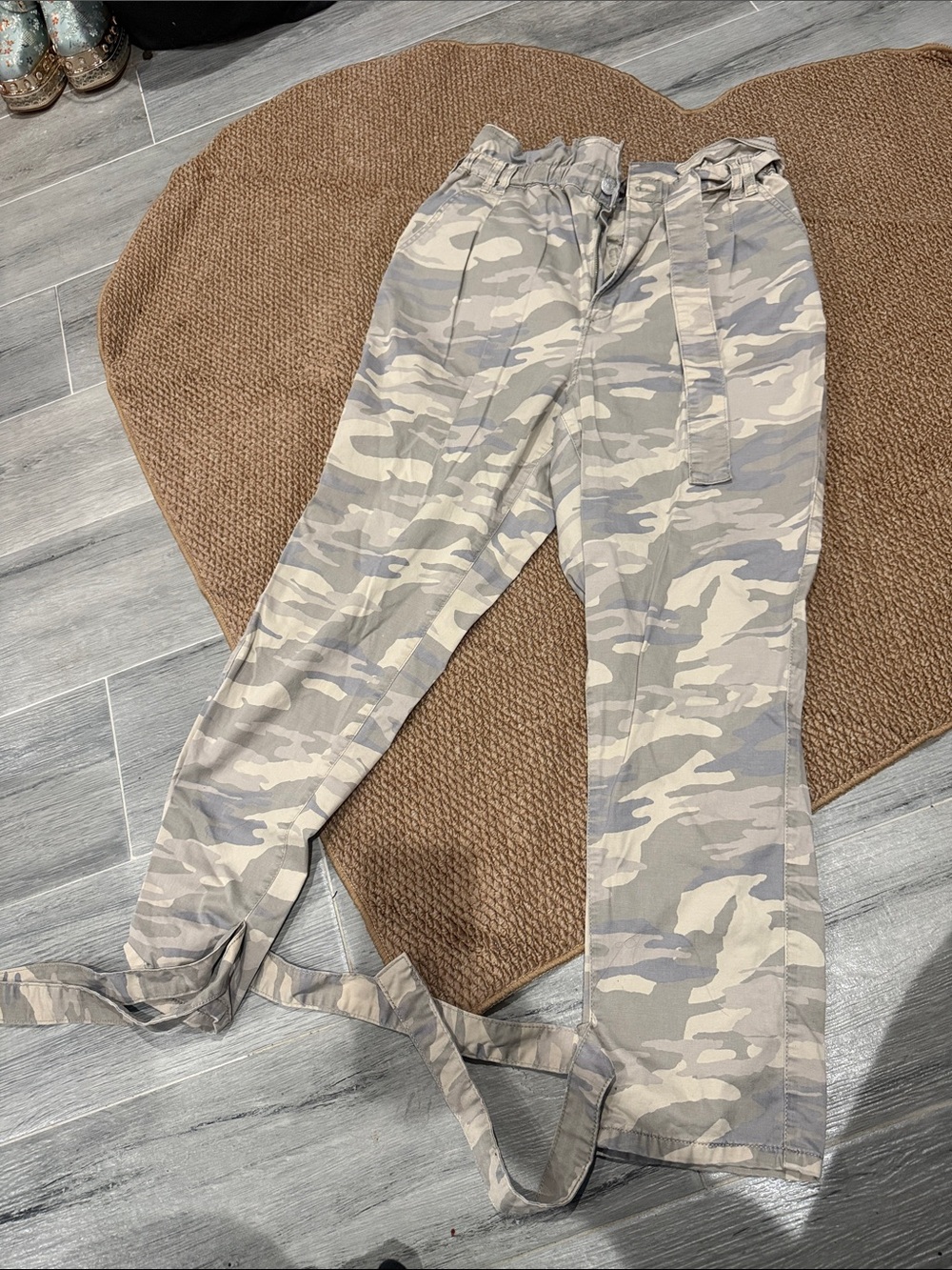 Express Beige & Gray Camo Paperbag Waist Trousers with Tie